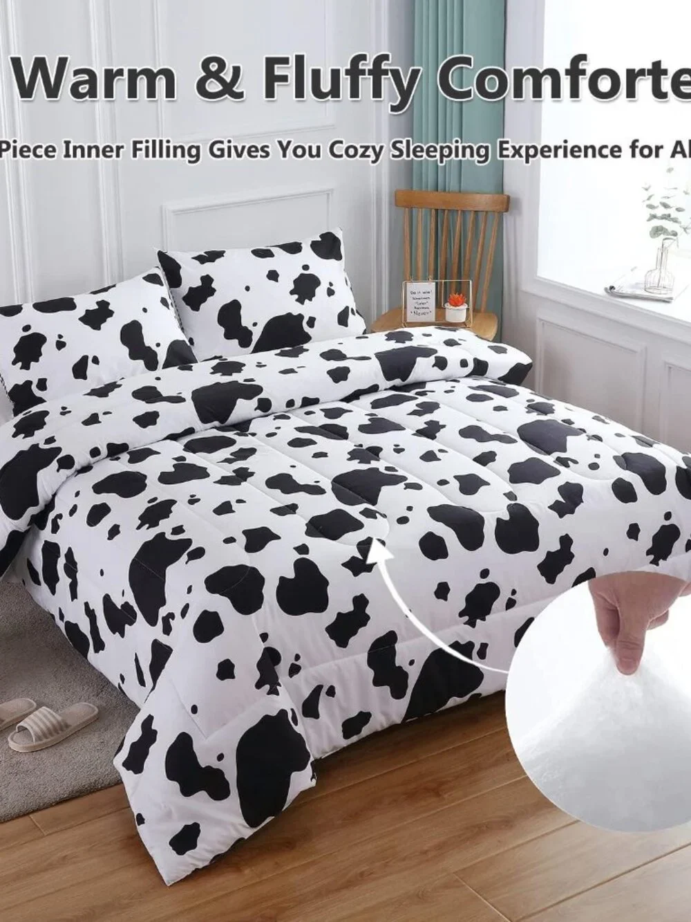 3Pcs Cow Print Comforter Set King Size Black and White Cute Geometric Cow Beddin